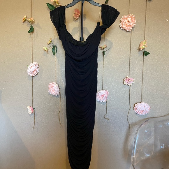 CAMEO OFF SHOULDER RUCHED MESH MIDI DRESS - Picture 2 of 4